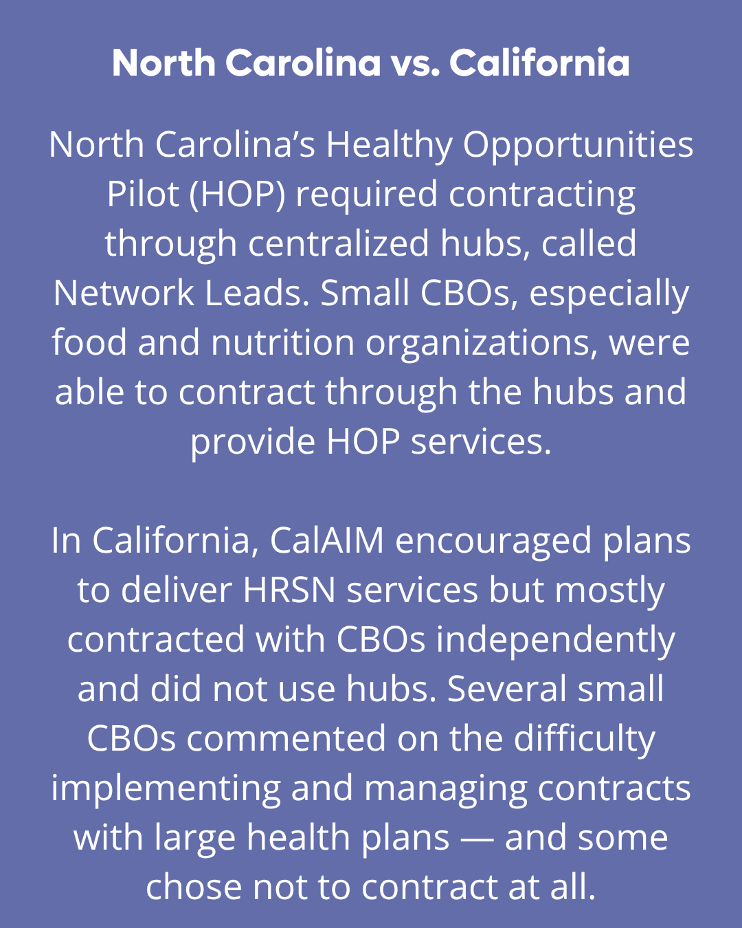 Sidebar image highlights the differences between North Carolina's Healthy Opportunities pilots - which enabled small CBOs. to contract through hubs and provide services - versus California's CalAIM which requires plans to contract directly with CBOs