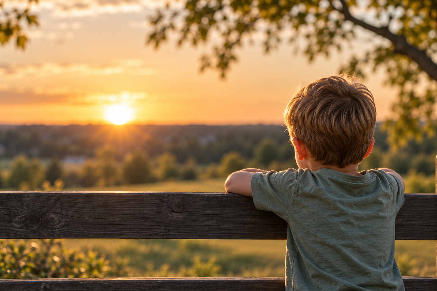 A young boy with brown hair sits on a wooden bench, watching a sunset over a field with trees, with some branches and leaves visible in the foreground.