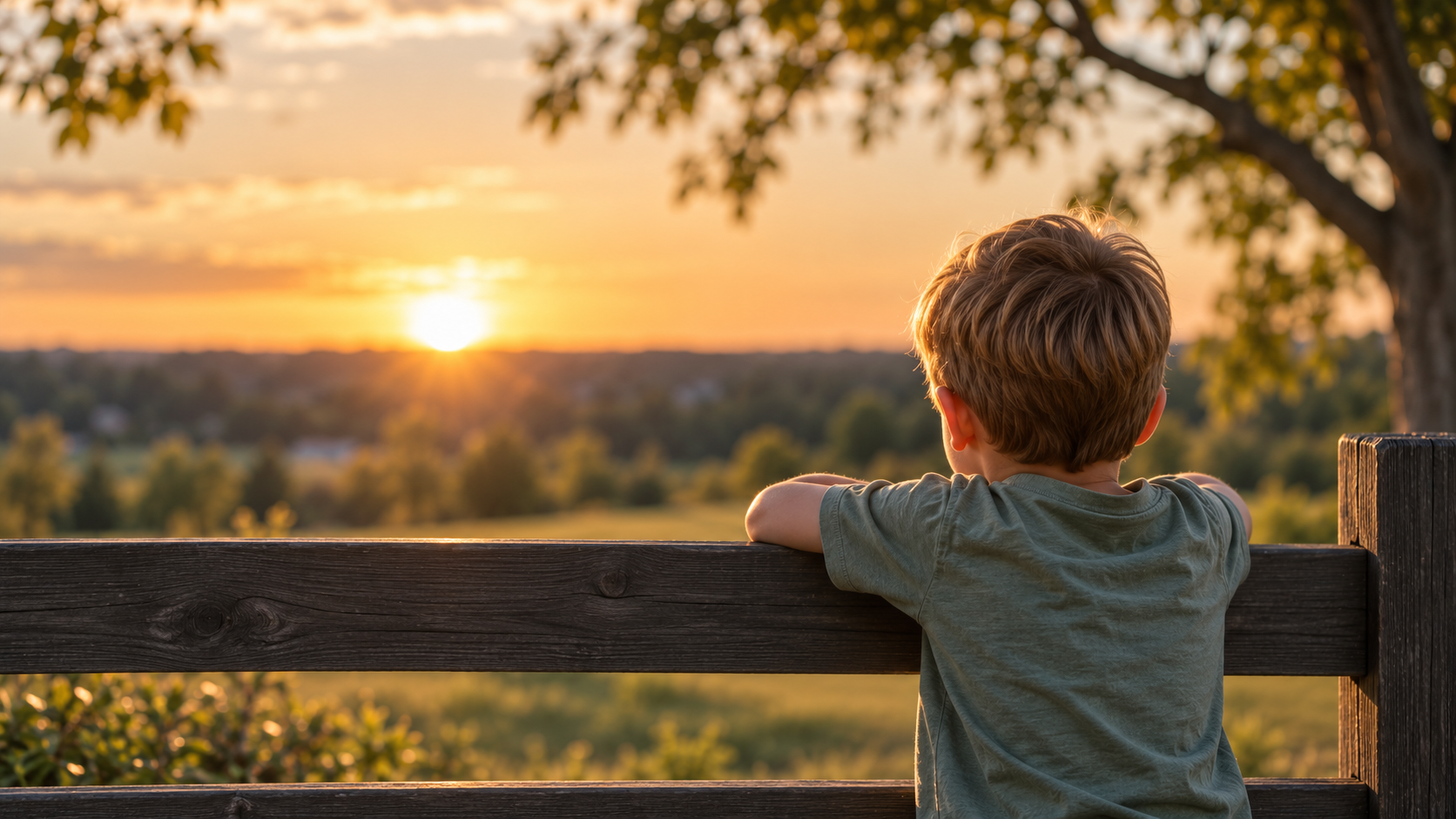 A young boy with light brown hair leaning on a wooden fence, gazing at a sunset over a rural landscape with trees and fields.