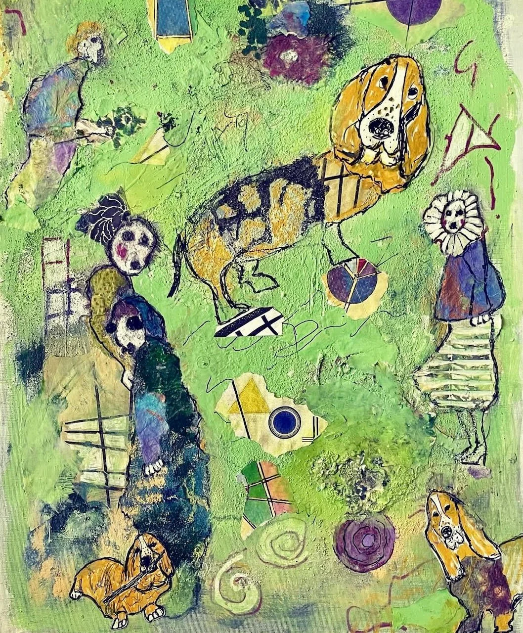 Colorful abstract artwork featuring several dogs, two human figures, and various geometric shapes on a green textured background.