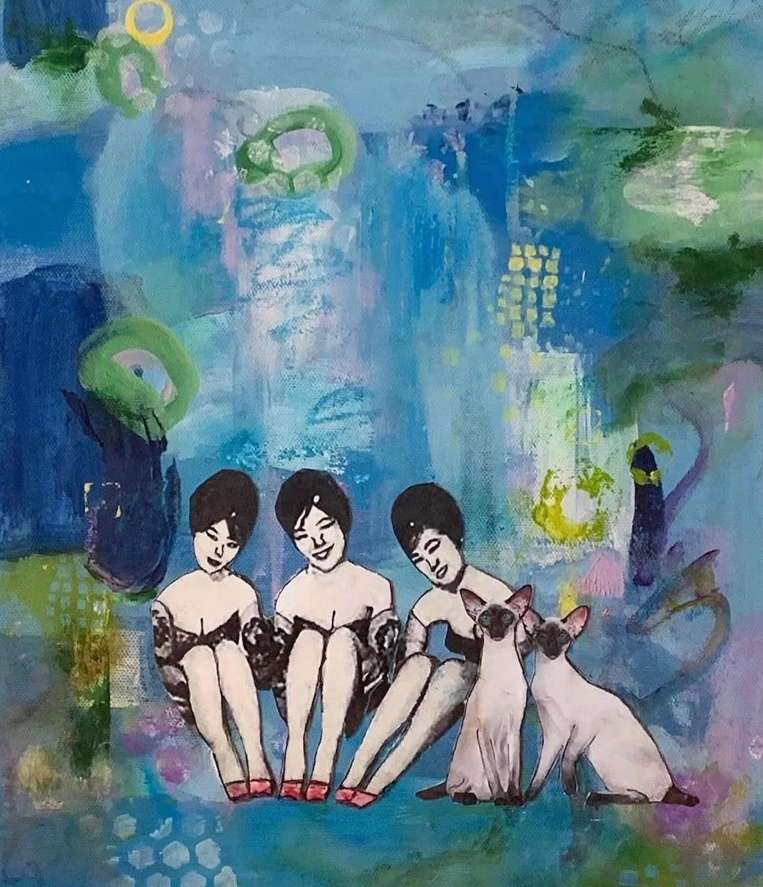 An abstract painting featuring four women sitting together with cats, set against a colorful background with shades of blue, green, and yellow.