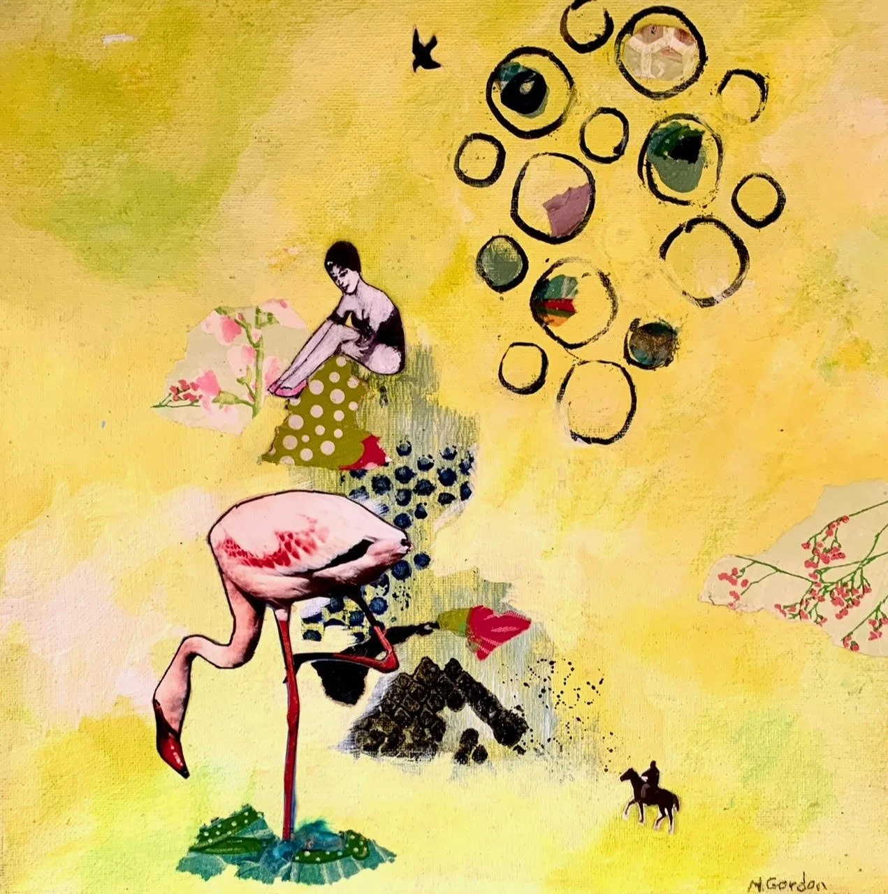 Collage-style artwork with a pink flamingo standing on one leg, a small girl sitting on a green polka-dotted shape, and a flying paper with pink flowers. The background is yellow with abstract shapes, circles, and scattered patterns. Small dog silhou