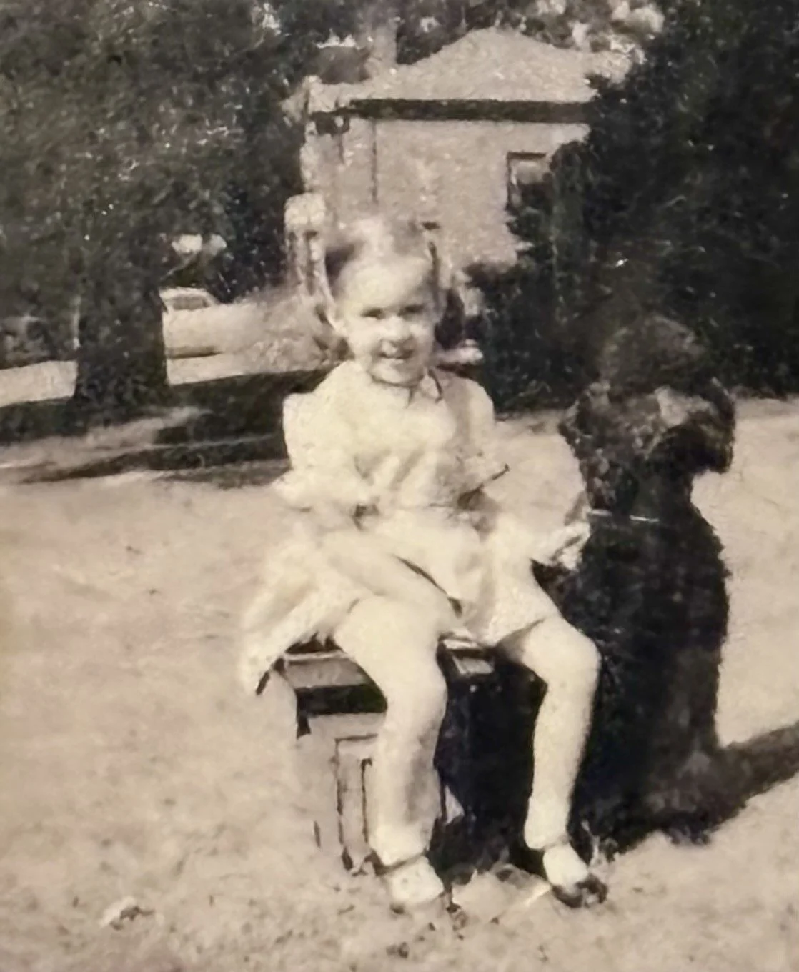 A young girl sitting on a bench outdoors, smiling at the camera, with a dog sitting beside her.
