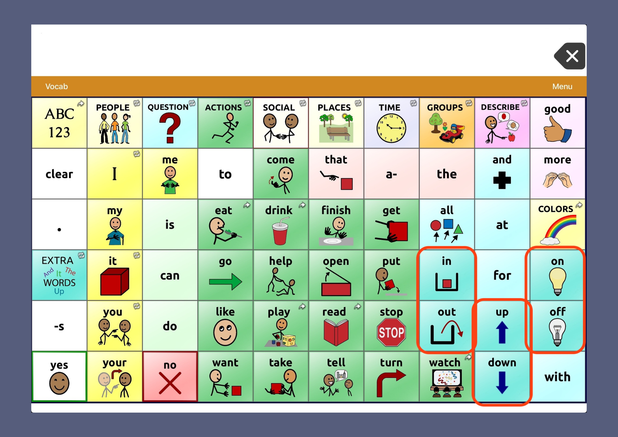 Home screen of Touch Chat with Word Power. The words "in, out, up, down, on, off" are circled.