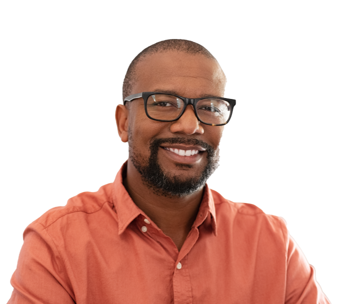 A smiling African American man with short hair, wearing glasses and an orange button-up shirt.