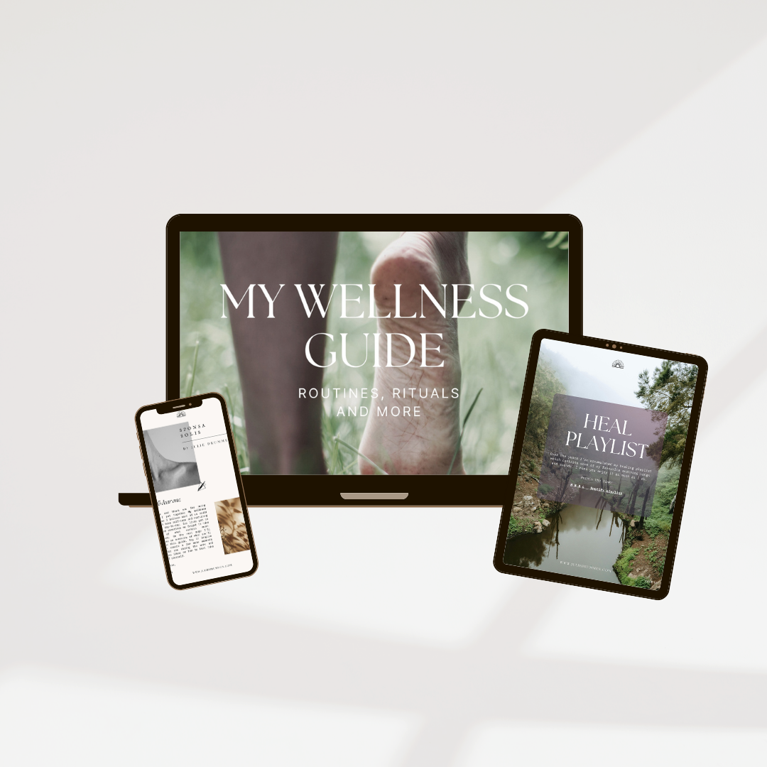 Digital wellness guide displayed on a computer monitor, phone, and tablet, featuring titles 'My Wellness Guide' and 'Heal Playlist' with nature backgrounds.