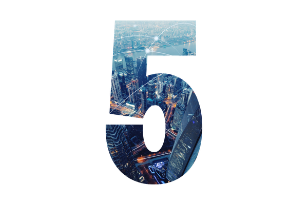 Number 5 with a cityscape and digital connectivity overlay