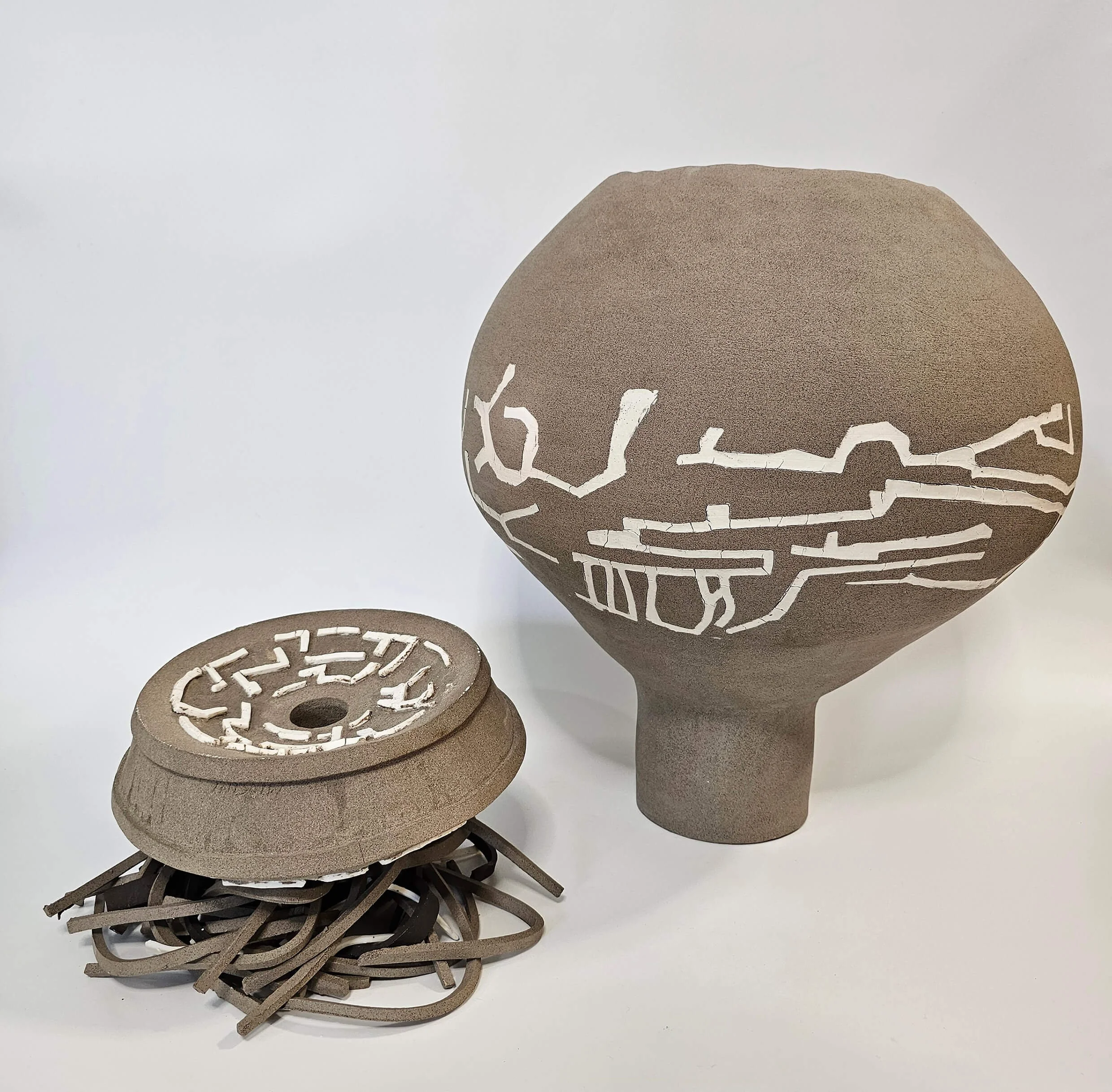 Writing Exercises in Clay, contemporary ceramic sculpture inspired by Dimitris Pikionis, stoneware and porcelain, 2025