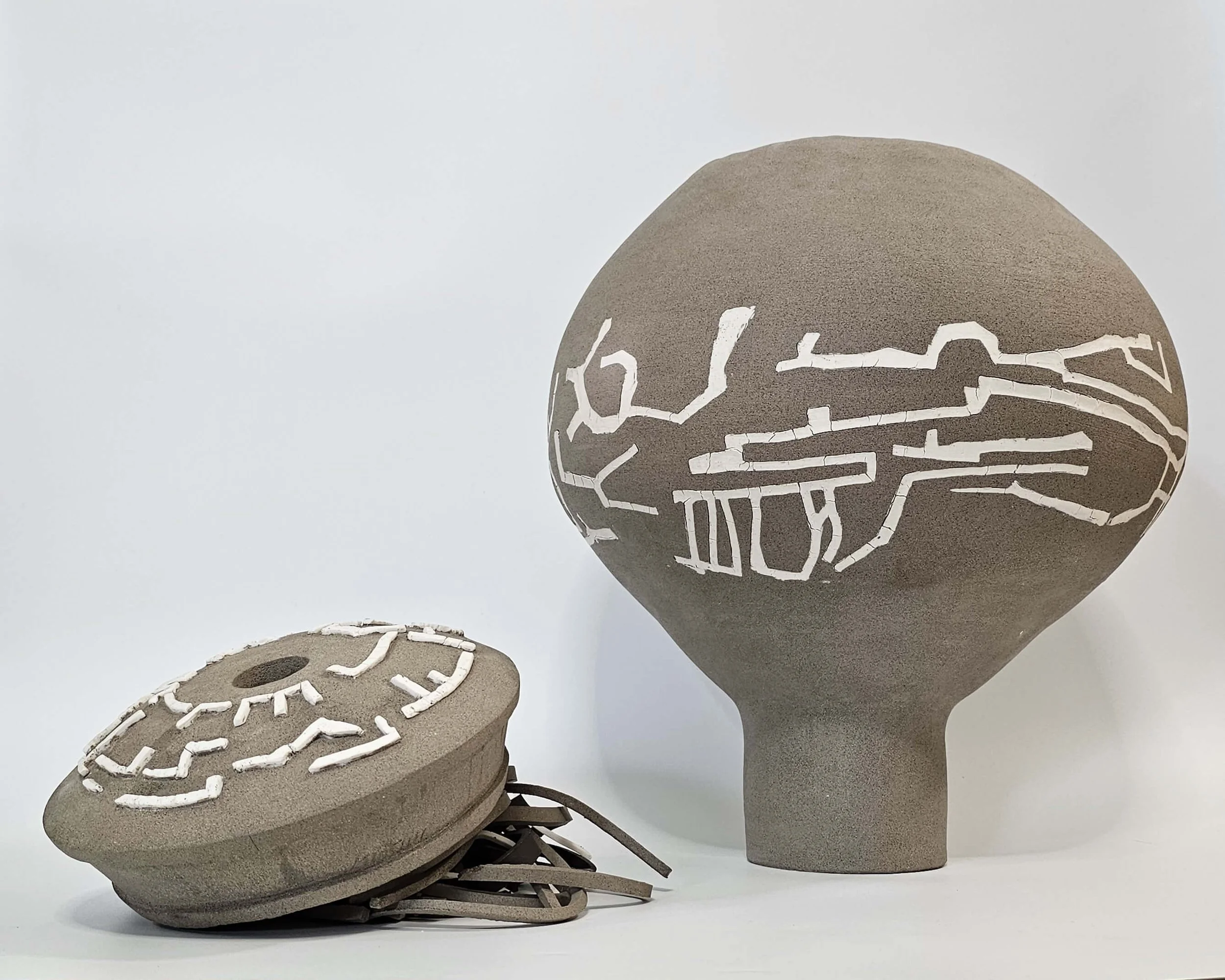 Writing Exercises in Clay, contemporary ceramic sculpture inspired by Dimitris Pikionis, stoneware and porcelain, 2025