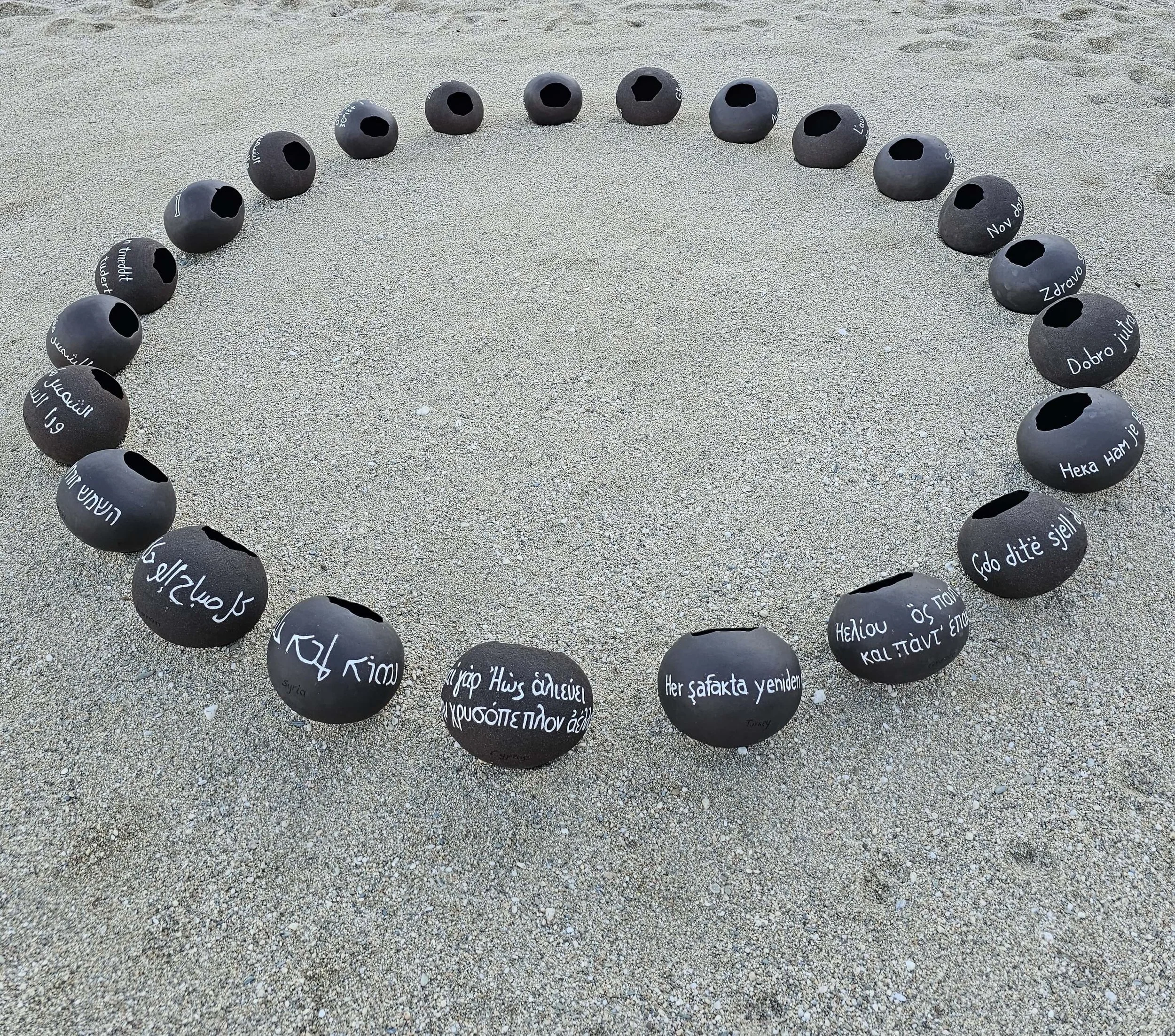 Circular ceramic installation inspired by Mediterranean nations and collective memory