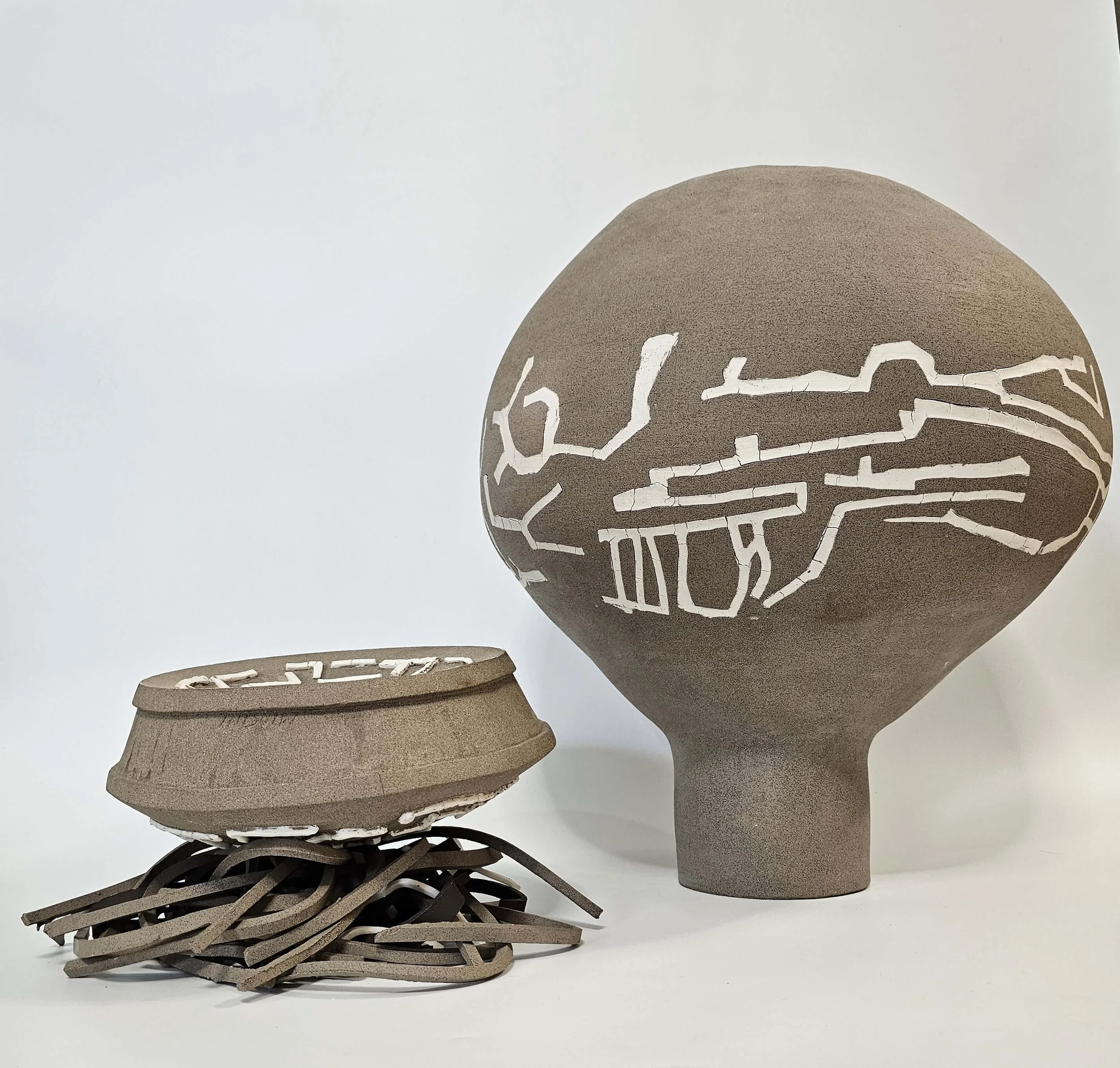Writing Exercises in Clay, contemporary ceramic sculpture inspired by Dimitris Pikionis, stoneware and porcelain,