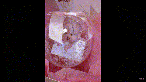 Small plush teddy bear inside a clear plastic bag, surrounded by pink tissue paper.