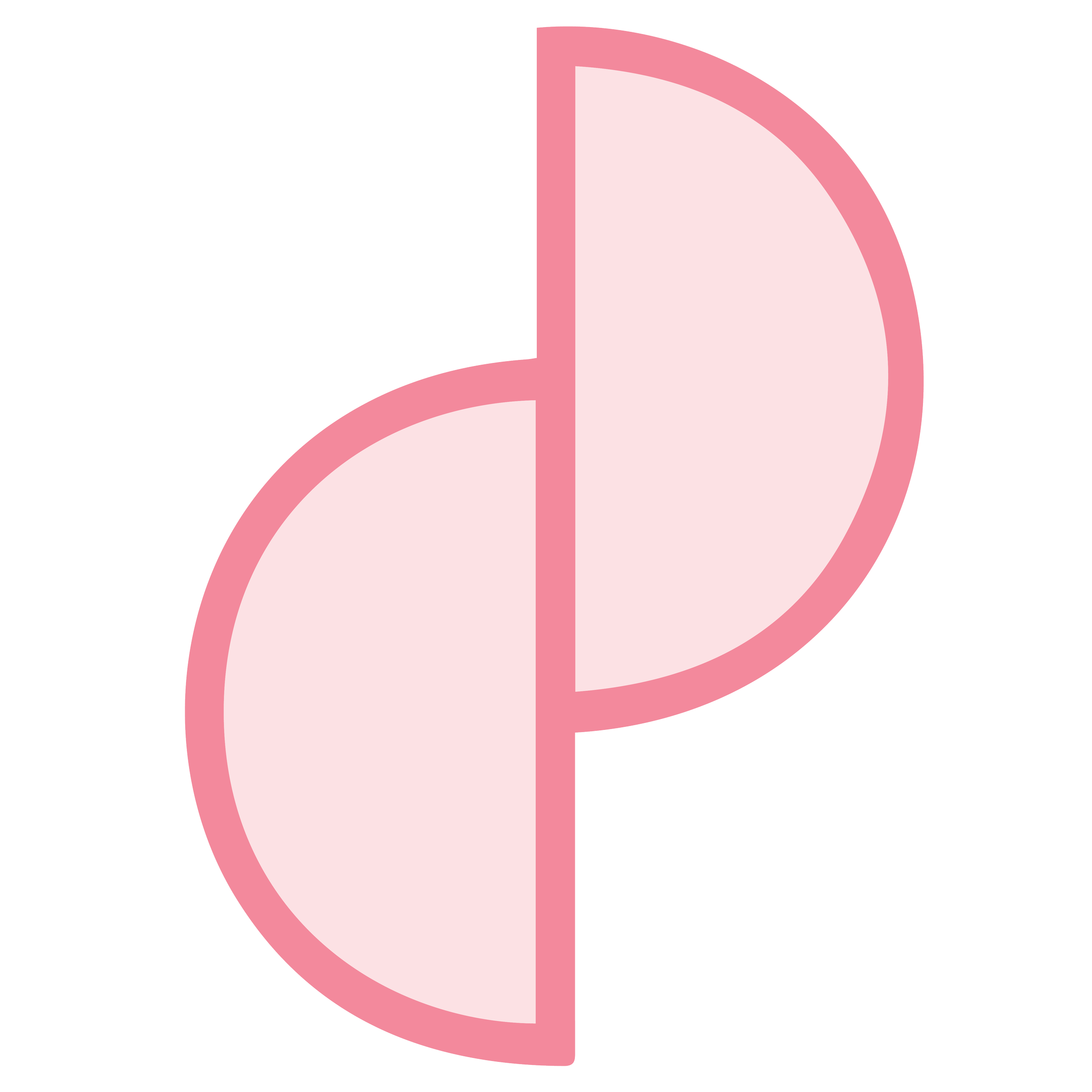Illustration showing two halves of a soft, semi-circular, pink-colored object, resembling a stylized heart or a similar shape, with a dark outline.
