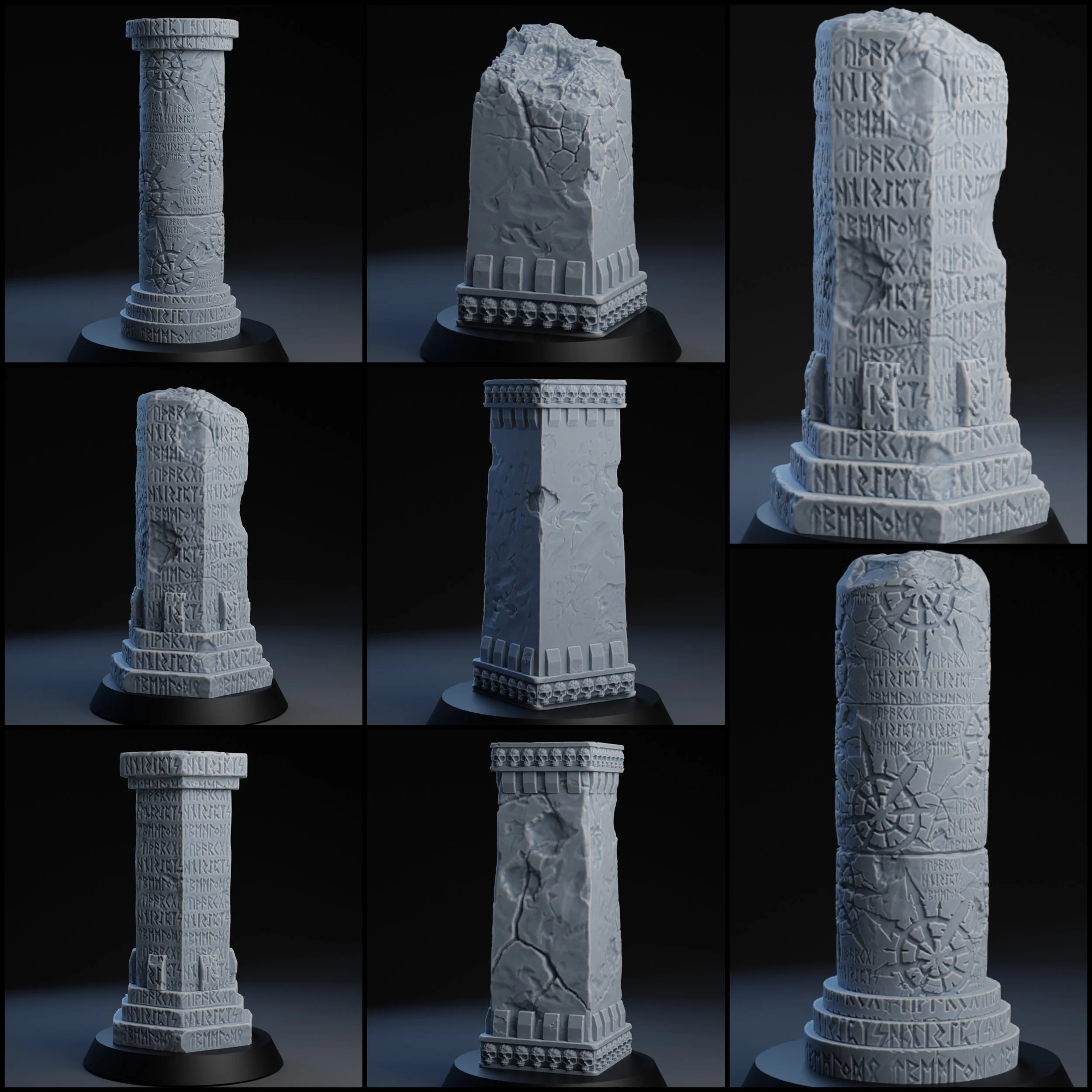 Nine different ancient stone monuments or steles with carved runic or epigraphic inscriptions and symbols, displayed against a dark background.