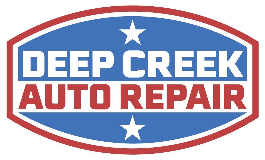 Logo for Deep Creek Auto Repair with a blue and red color scheme, featuring three white stars and bold text