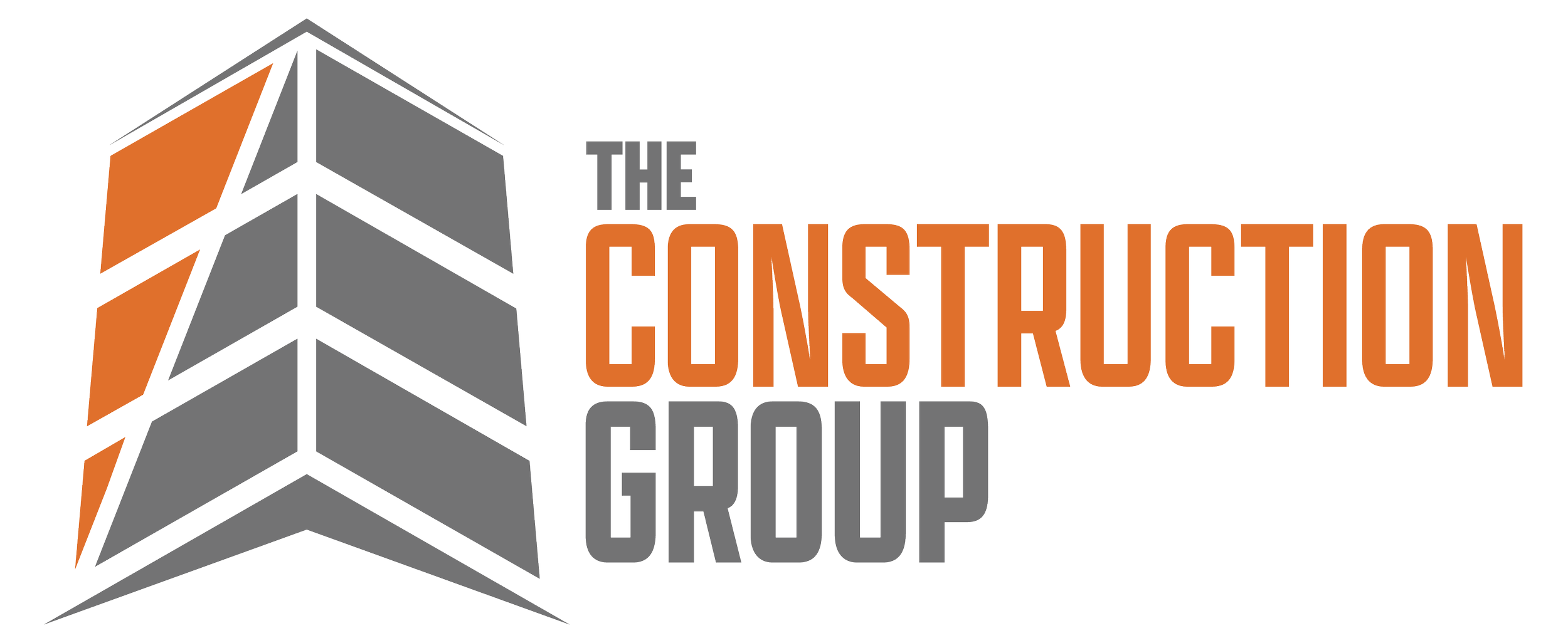 Logo of The Construction Group featuring a stylized building with orange and gray blocks and text in gray and orange.