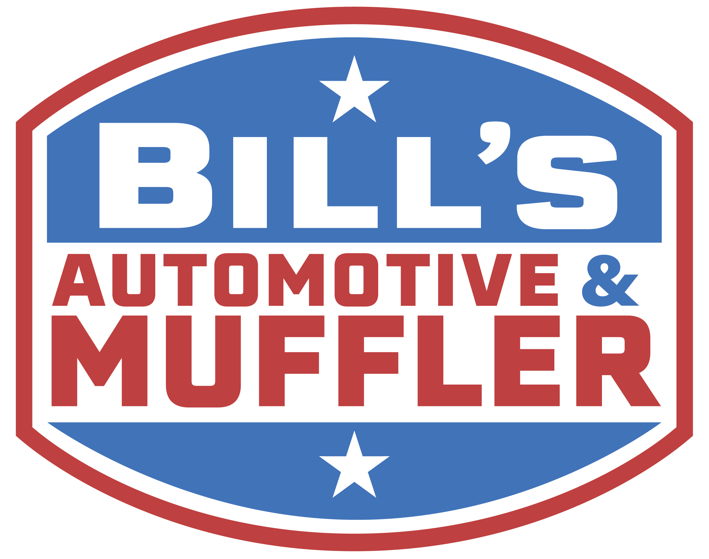 Logo for Bill's Automotive & Muffler, featuring a shield shape with stars, with the text 'Bill's' in white on a blue background and 'Automotive & Muffler' in red.