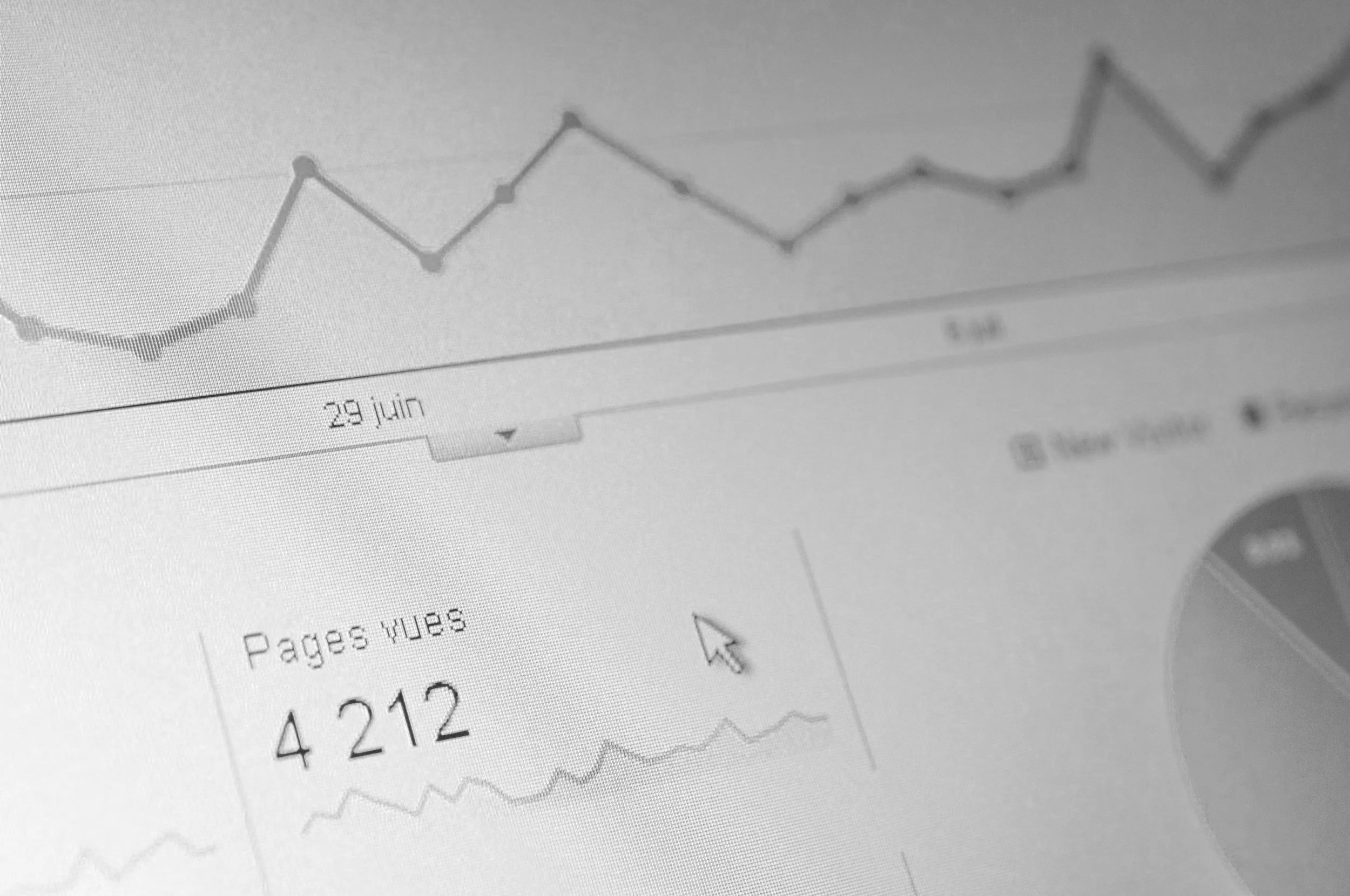 A computer screen showing a line graph and webpage analytics. The page displays the date '29 juin' and 4212 page views, with a small line chart below.