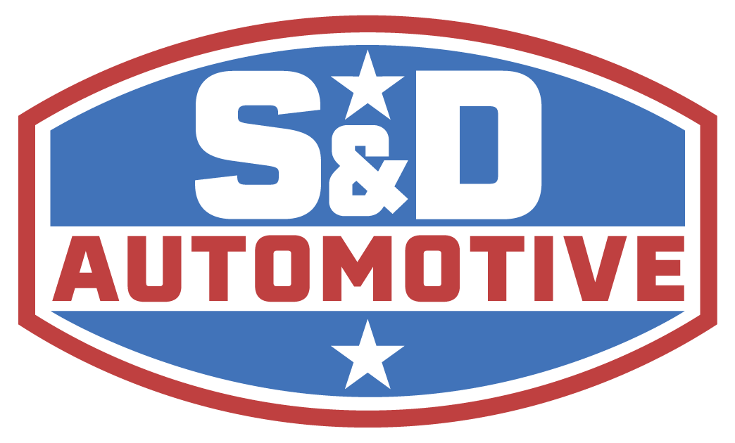 Logo for S&D Automotive in red, white, and blue with stars and a shield shape.