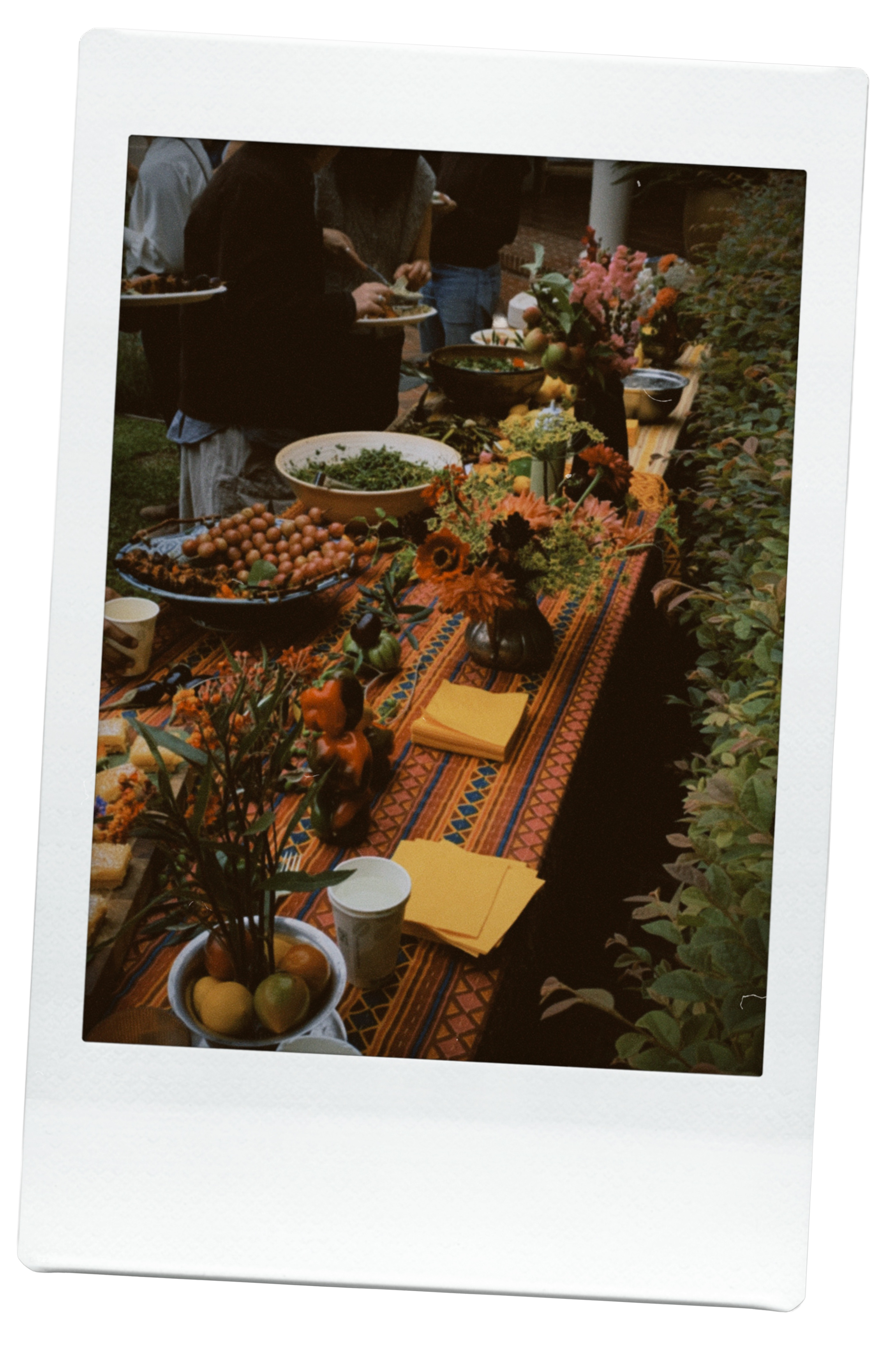 Outdoor buffet table set with colorful flowers, fruits, and dishes, with people serving food in the background at an outdoor gathering.