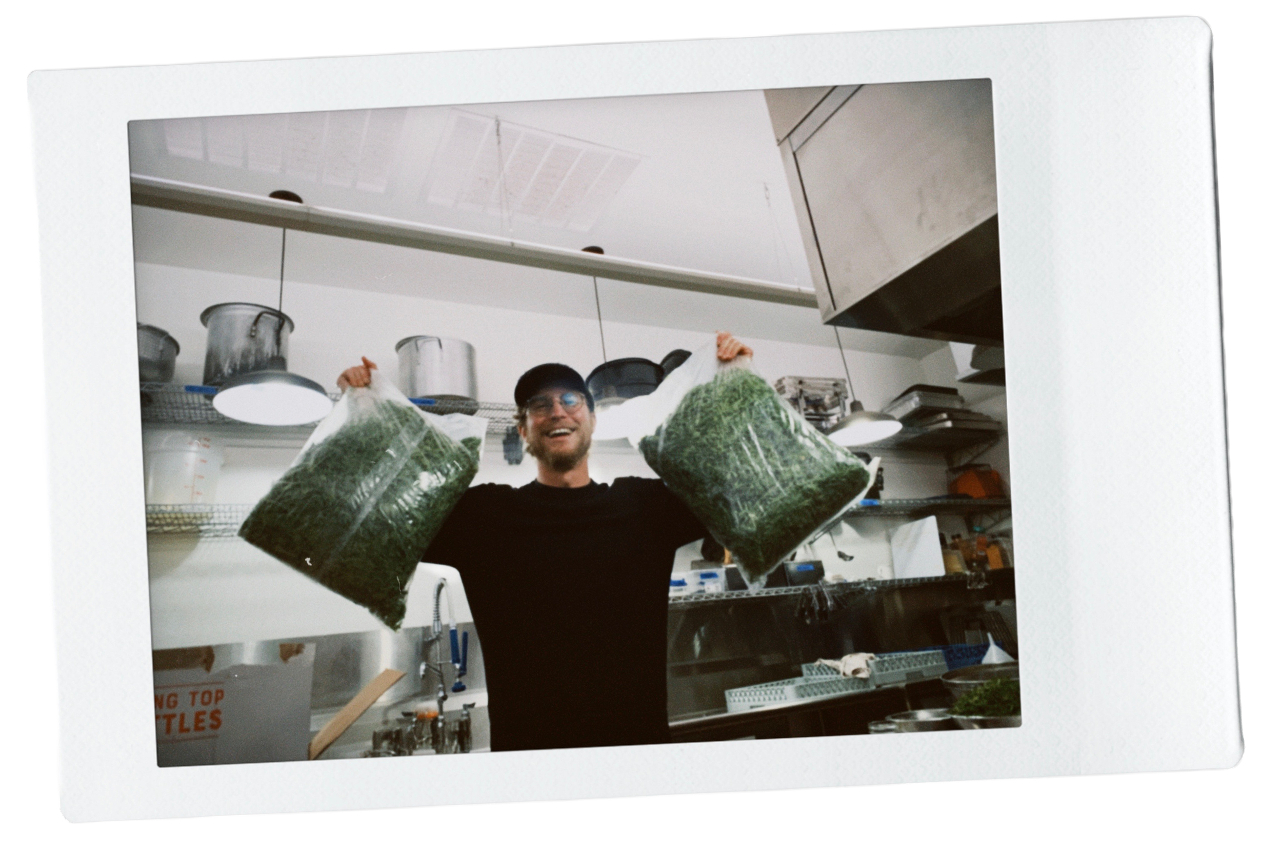 A man in a kitchen holding two large plastic bags filled with green leafy vegetables, smiling while wearing glasses and a black cap.