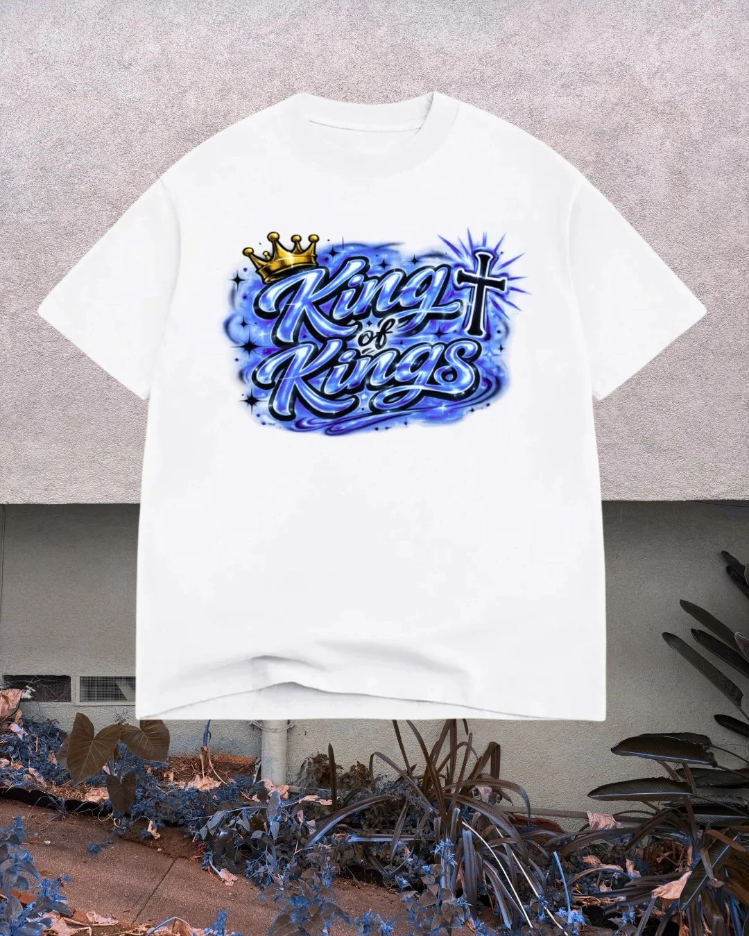 KingsHope King of Kings unisex white heavyweight box tee with blue airbrush crown and cross graphic