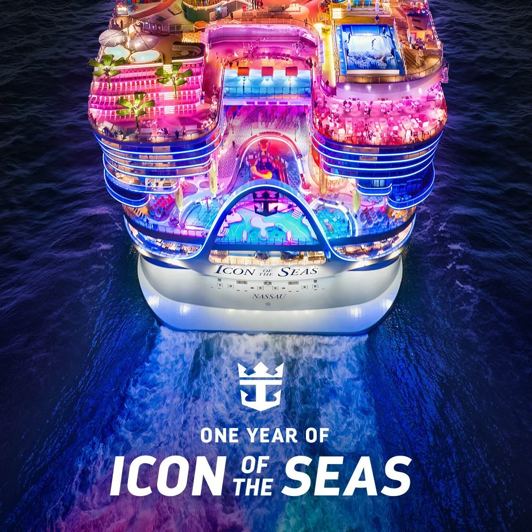 Icon of the Seas turns one! 🎉 One Iconic Year of thrilling experiences, family bonding, and endless fun. The world's best family vacation just keeps getting better. Contact me, jessica@bookedandboundless.com, to book your Royal Caribbean getaway. #R