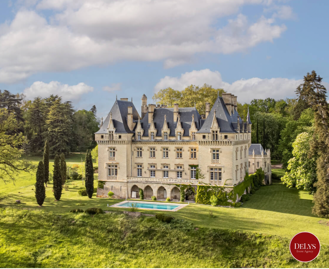 French chateau castle with pool for destination wedding 