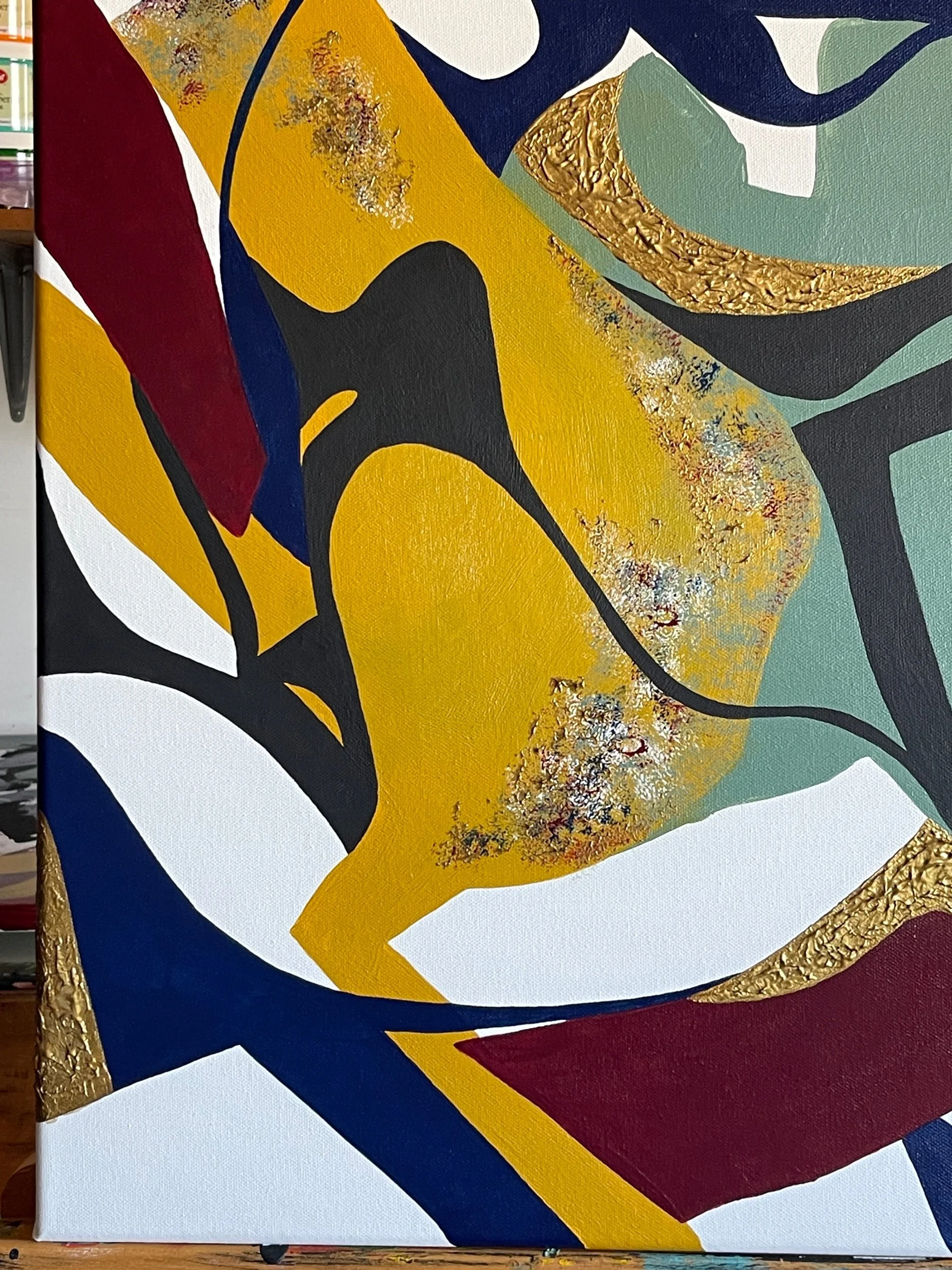 Close-up detail of Another Moment in Grief & Guilt 2 by Minnesota artist Nailah Ali showcasing layered acrylic textures, metallic gold accents, expressive brushwork, and intuitive abstract forms.