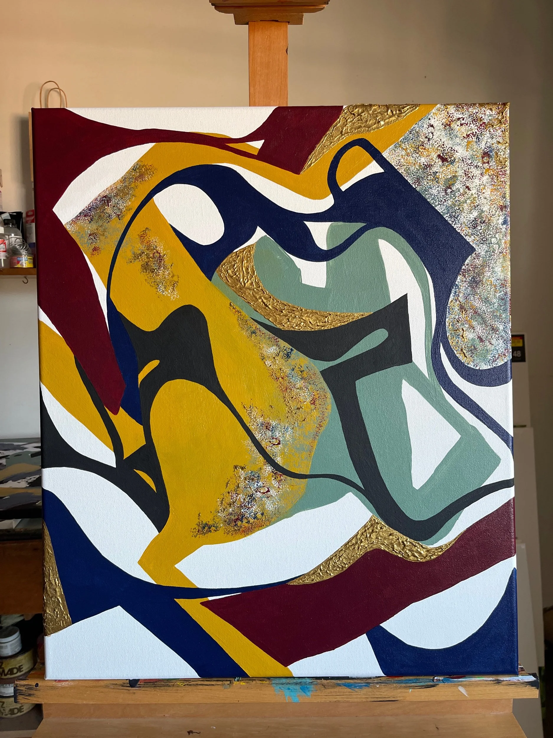 Original abstract painting Another Moment in Grief & Guilt 2 by Minnesota artist Nailah Ali photographed in the artist's studio, highlighting the full composition and vibrant color palette.