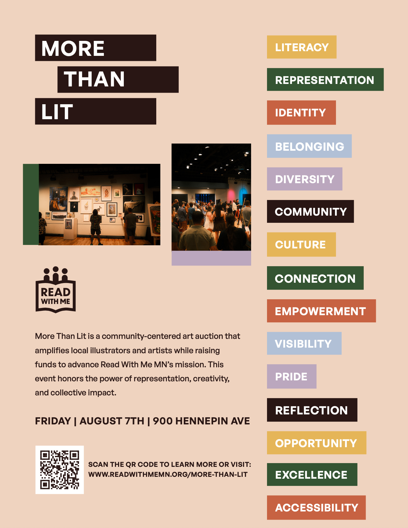 More Than Lit 2026 community art auction and literacy fundraiser hosted by Read With Me MN featuring original artwork by Minnesota abstract expressionist Nailah Ali.