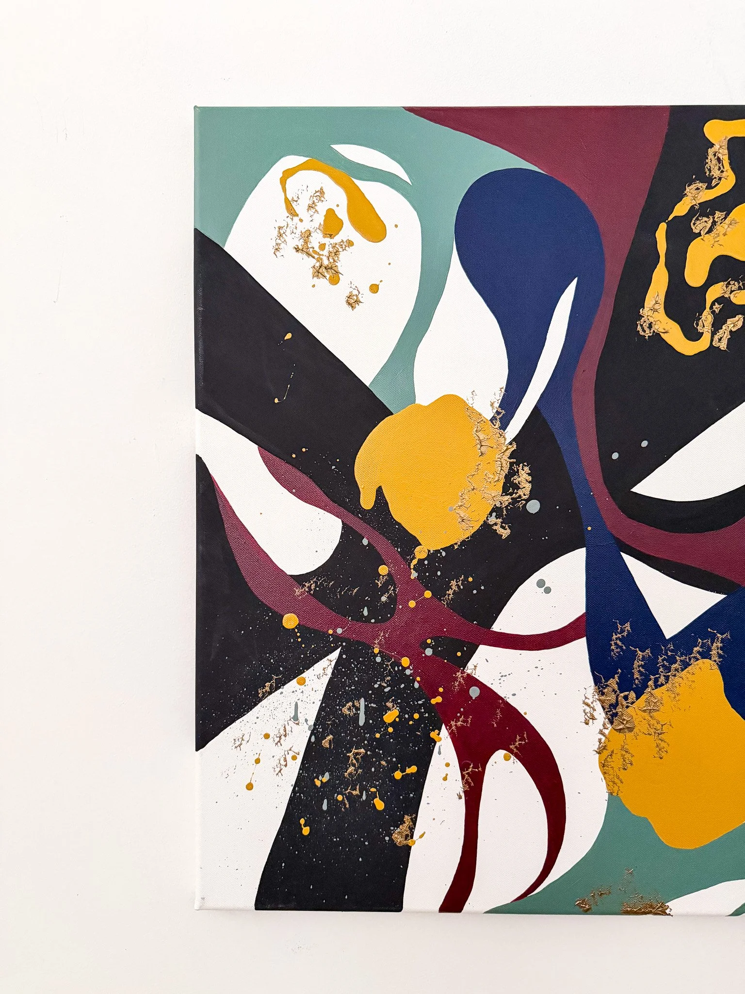 Close-up of metallic gold accents and layered acrylic paint in Another Moment in Grief & Guilt 3.