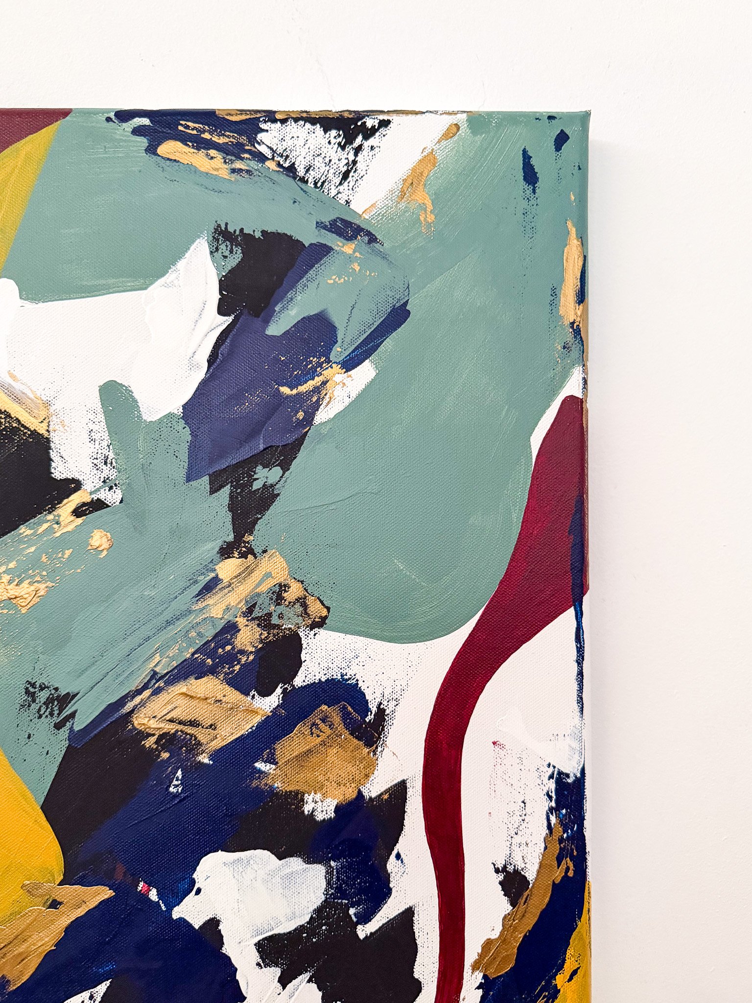 Close-up of metallic gold accents and richly layered acrylic textures in Another Moment in Grief & Guilt 4.