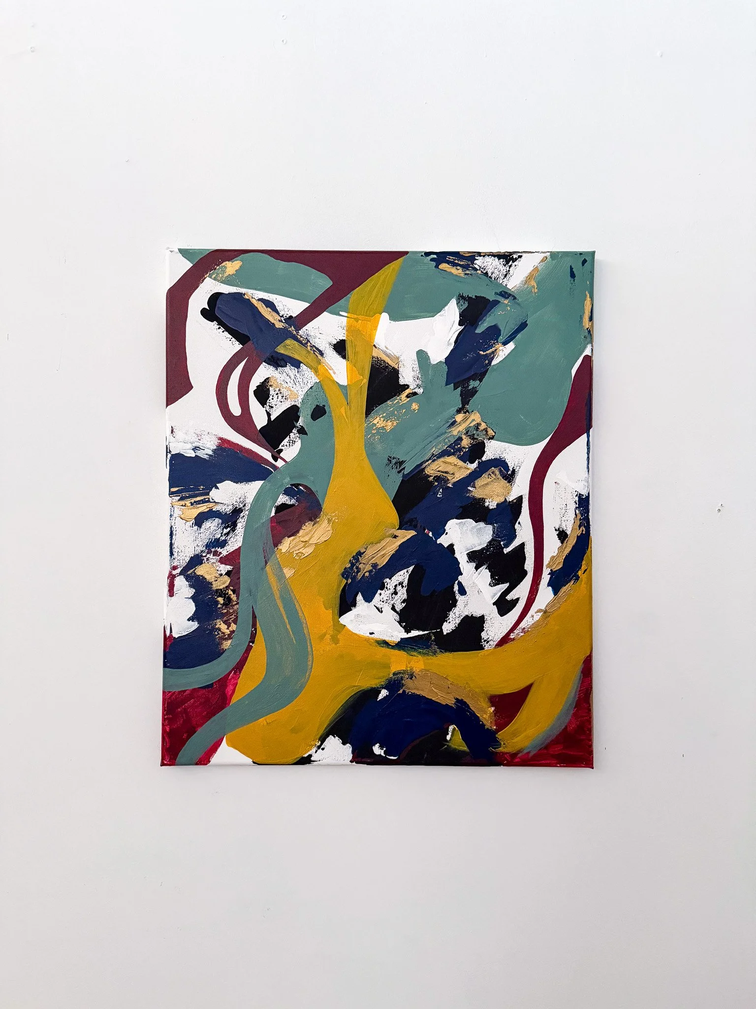Original abstract acrylic painting titled Another Moment in Grief & Guilt 4 by Minnesota artist Nailah Ali featuring expressive burgundy red, gold, black, blue, green, yellow, and intuitive forms.