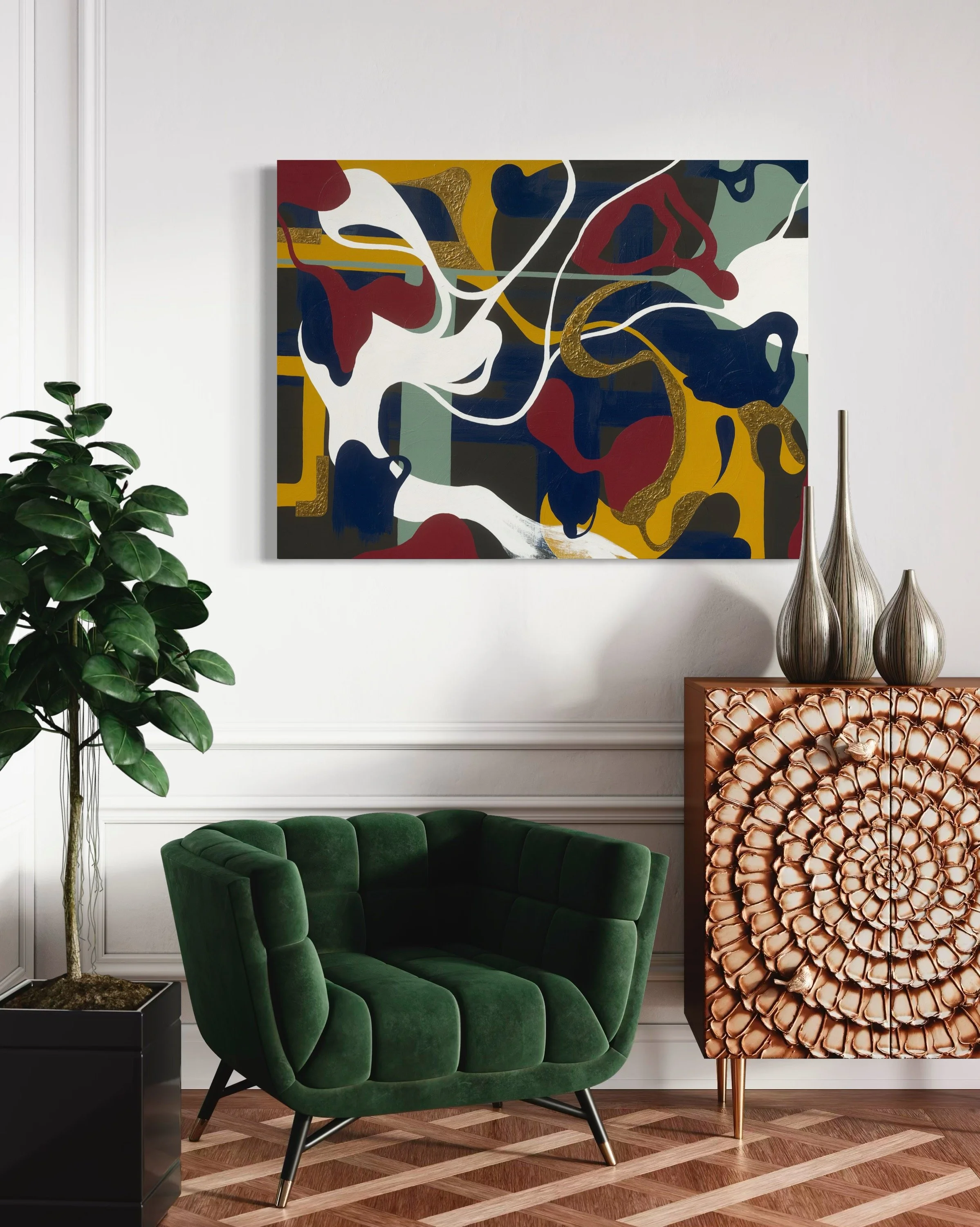 Original contemporary abstract painting Moments in Grief 1 displayed in a modern interior to demonstrate scale and styling.