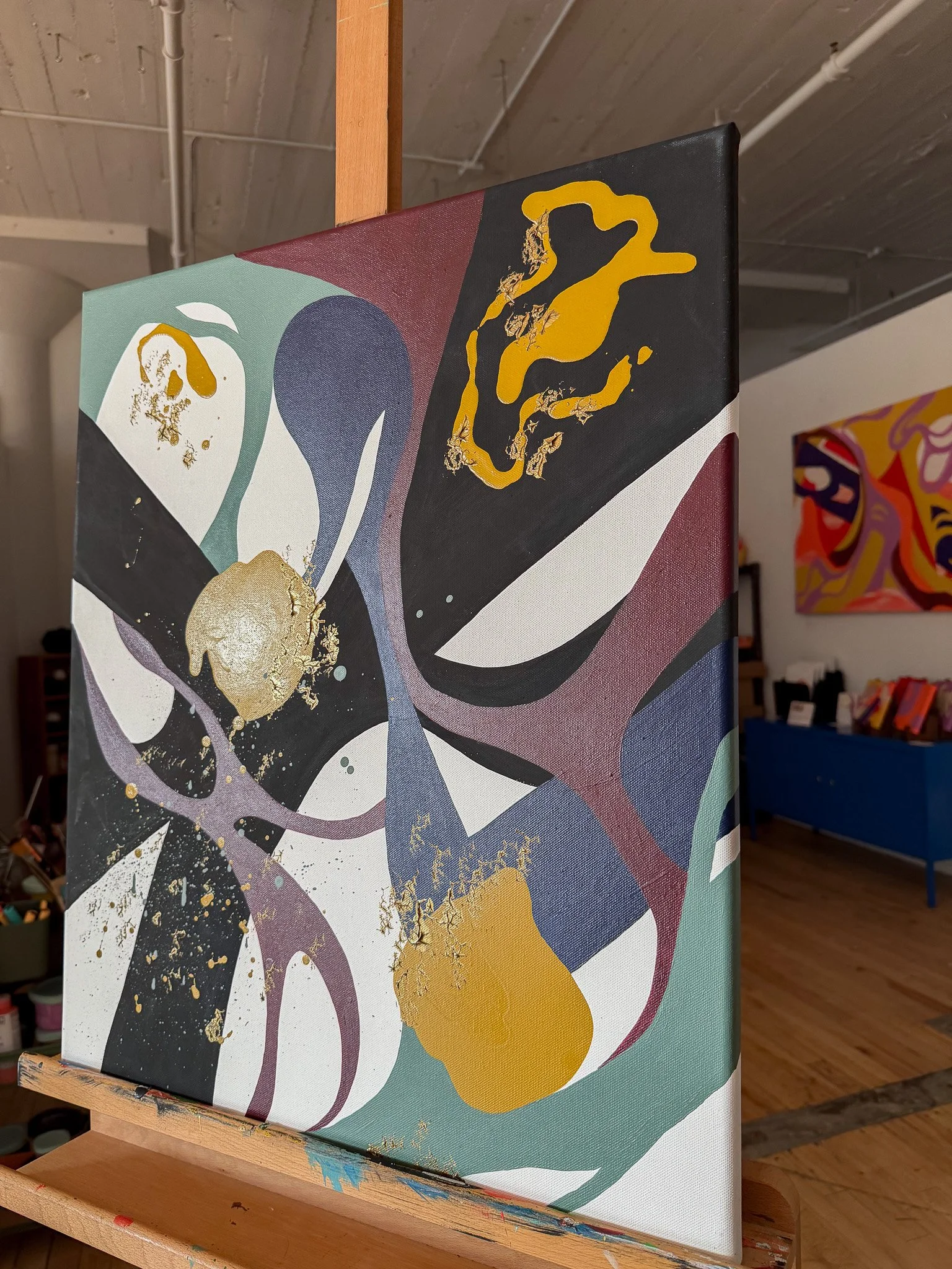 Original abstract painting Another Moment in Grief & Guilt 3 photographed in the artist's studio highlighting its expressive composition.