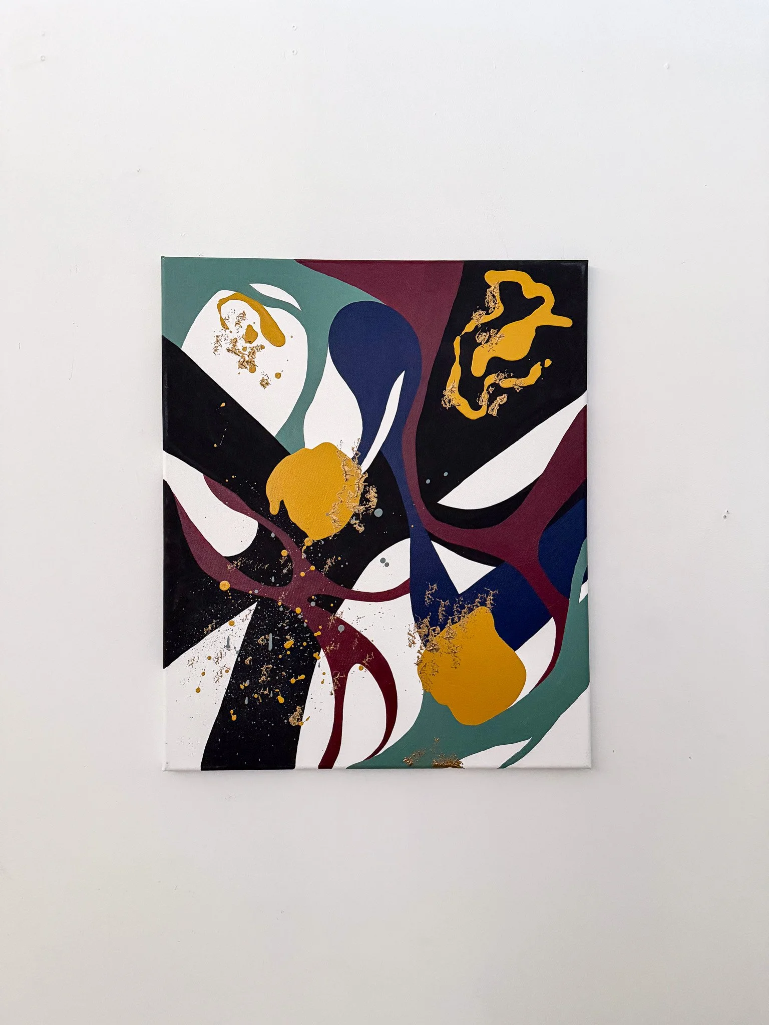 Original abstract acrylic painting titled Another Moment in Grief & Guilt 3 by Minnesota artist Nailah Ali featuring expressive burgundy red, gold, black, blue, green, yellow, and intuitive forms.
