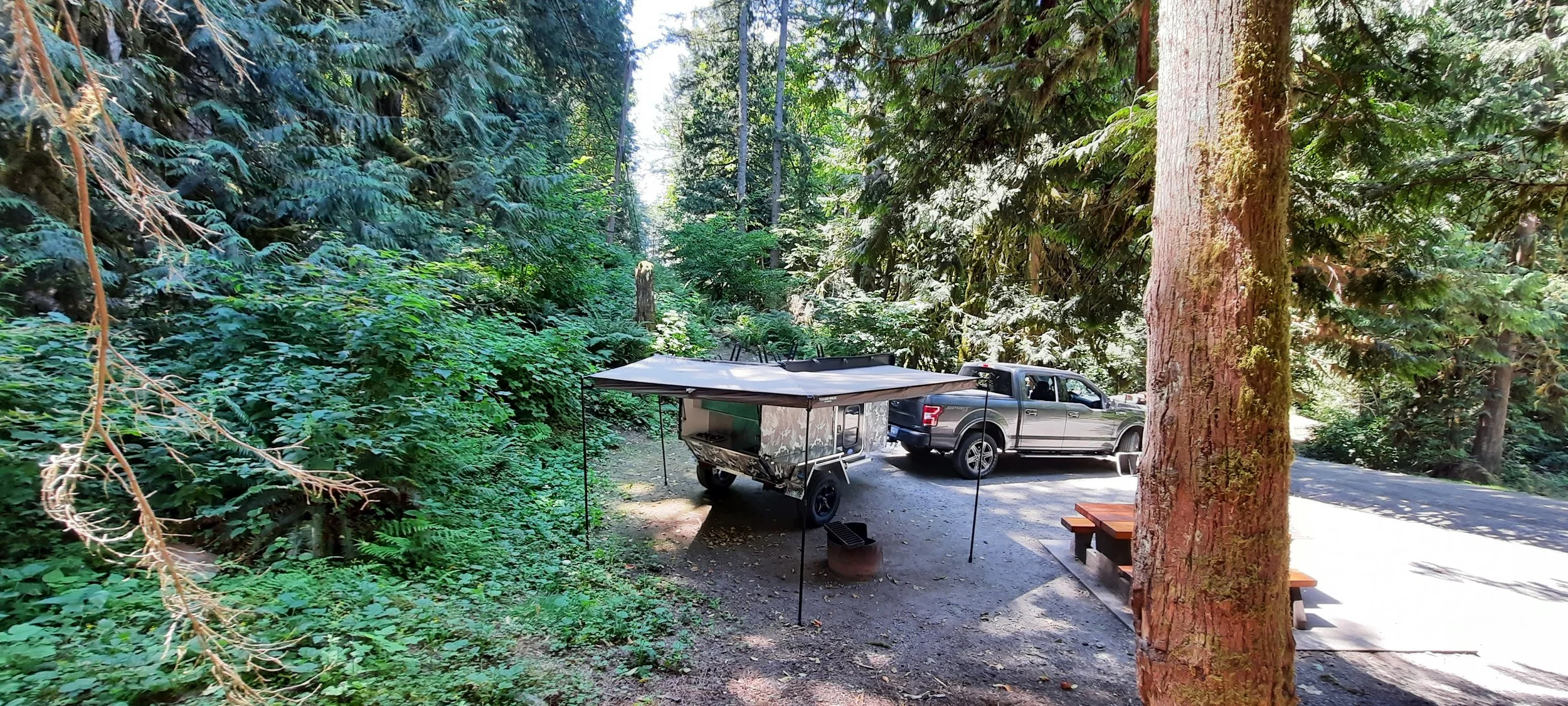Bison camo wrapped trailer parked in campsite with tarp