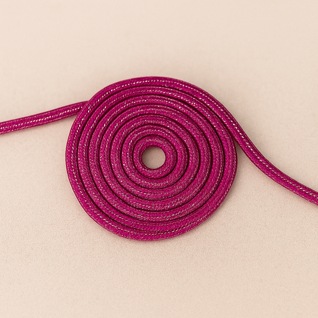 Fita de cabelo ou cordão de cor rosa, enrolado em forma de espiral sobre fundo bege.