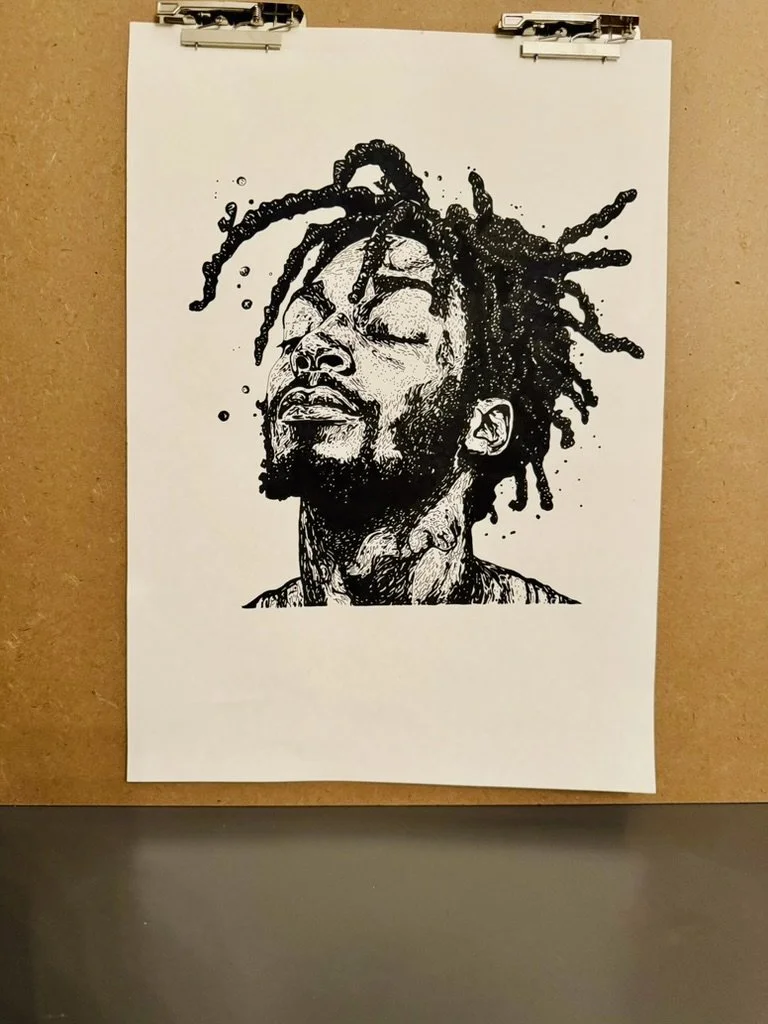 Black and White Ink Portrait of Black Man with Locs