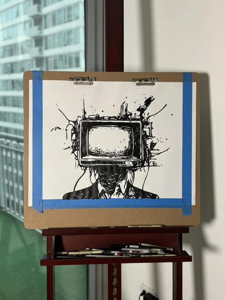 Black and White Ink Drawing of a Suited Figure with. TV Head
