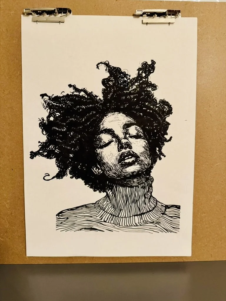 Black and White Ink Portrait Sketch of a Black Woman with Beautiful Afro