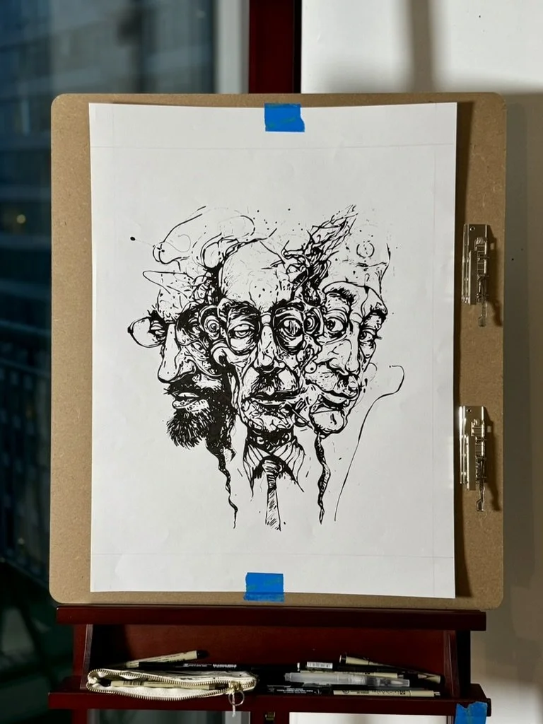 Black and White Surrealism Ink Drawing
of Three Men's Heads Connected in Liquid Way