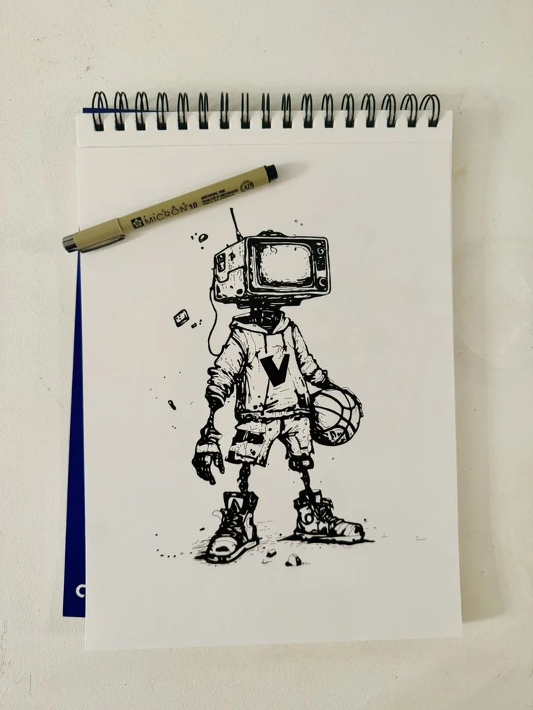 Black and White Character Ink Illustration of a Basketball Player with a TV as a Head and the Number 5 as a Roman Numeral