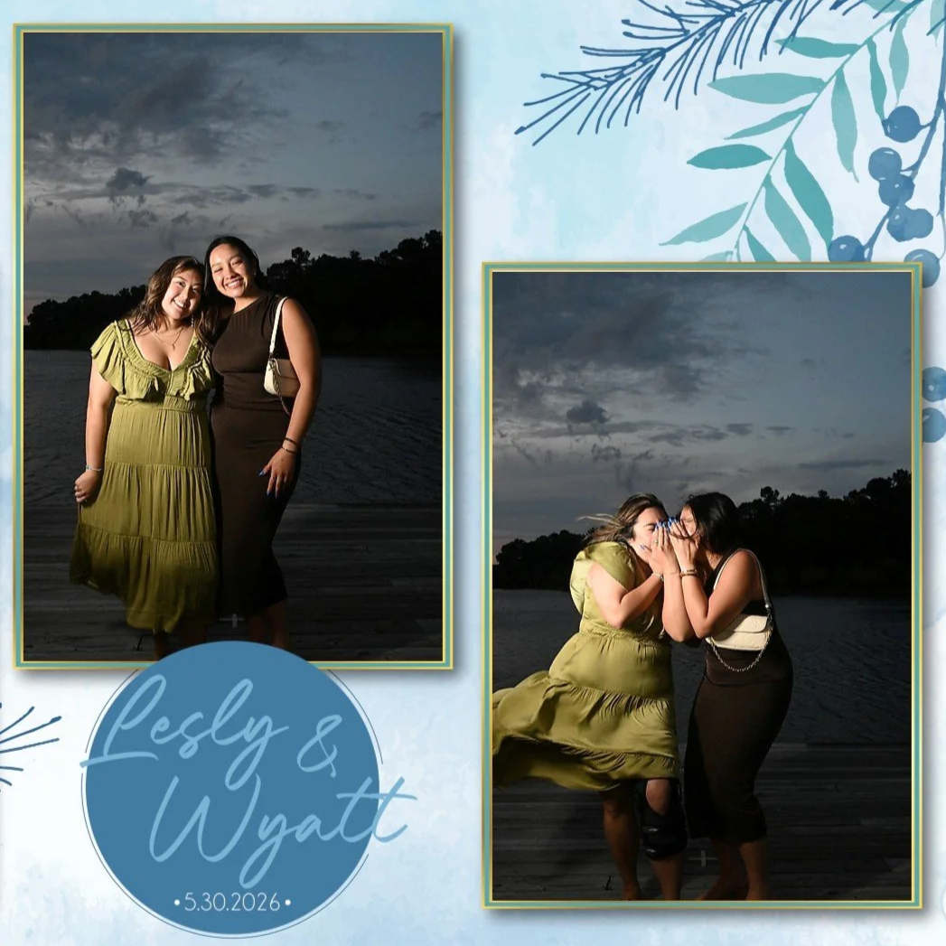 Women having fun at a wedding in Burgaw NC, with the mirror photobooth. A professional quality setup, with a professional quality camera and pictures. Also, with a personalized phototemplate for their event. 