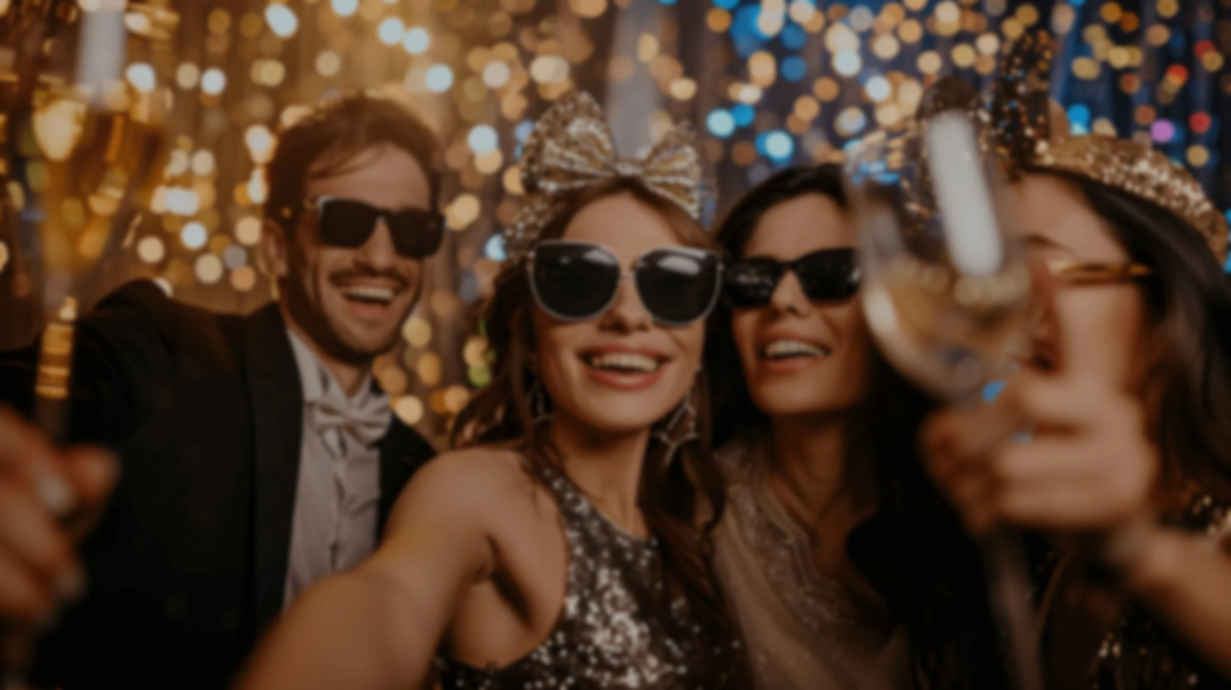 Group of four friends dressed in party attire, taking a selfie at a celebration with festive lighting and decorations in the background.