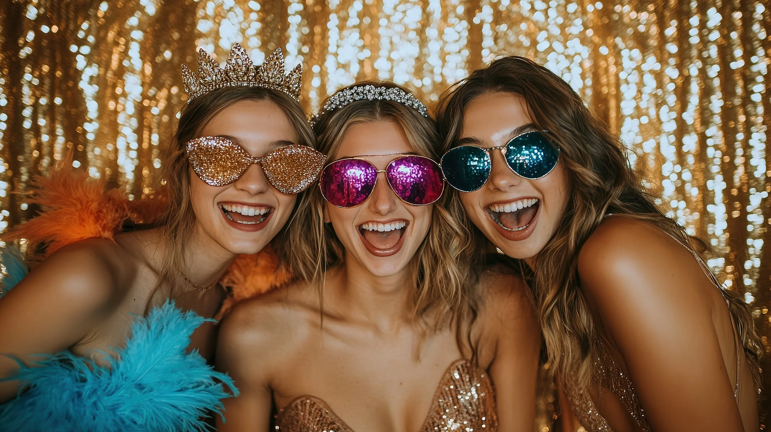 Three women in colorful costumes and sunglasses celebrating at a party with a gold sequin curtain backdrop.