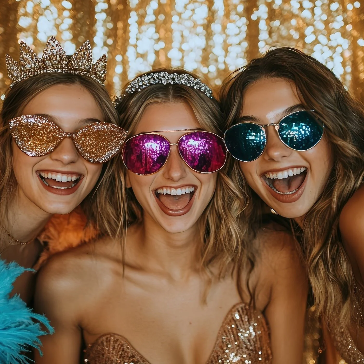 Three women wearing large, colorful sunglasses and party crowns, celebrating at a festive event with a sparkling gold backdrop.