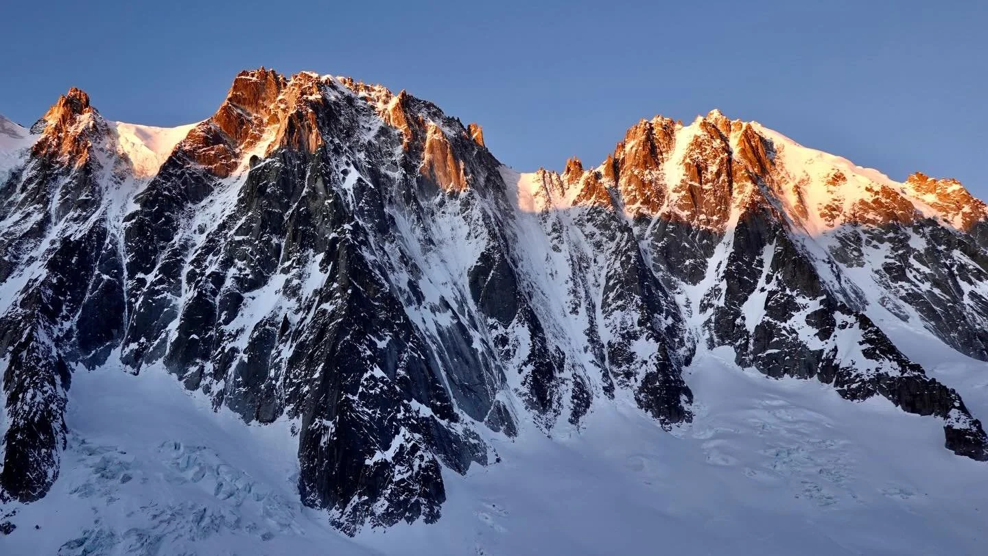 Aiguille Verte 4122m and Les Droites 4000m at sunrise from the Refuge d&rsquo;Argenti&egrave;re.