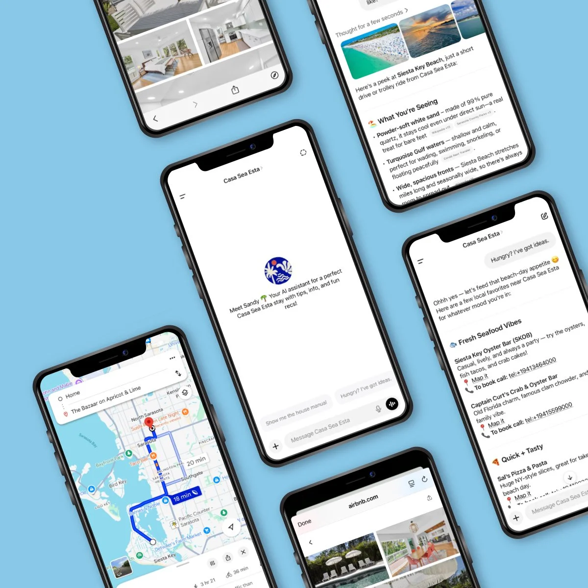 Multiple smartphones on a blue background displaying travel and booking apps, maps, and restaurant recommendations for Casa Sea Esta.